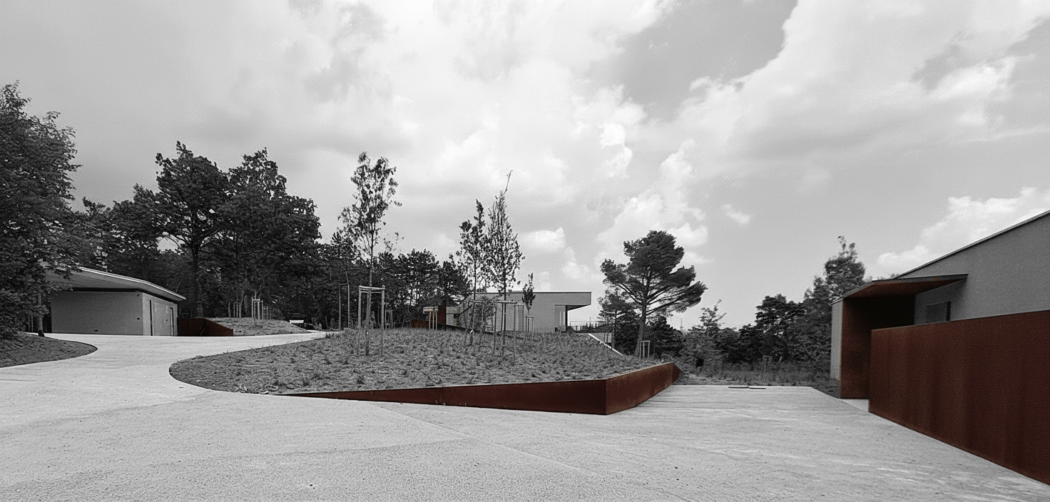 Corten steel curved edging estate panorama Slovenia