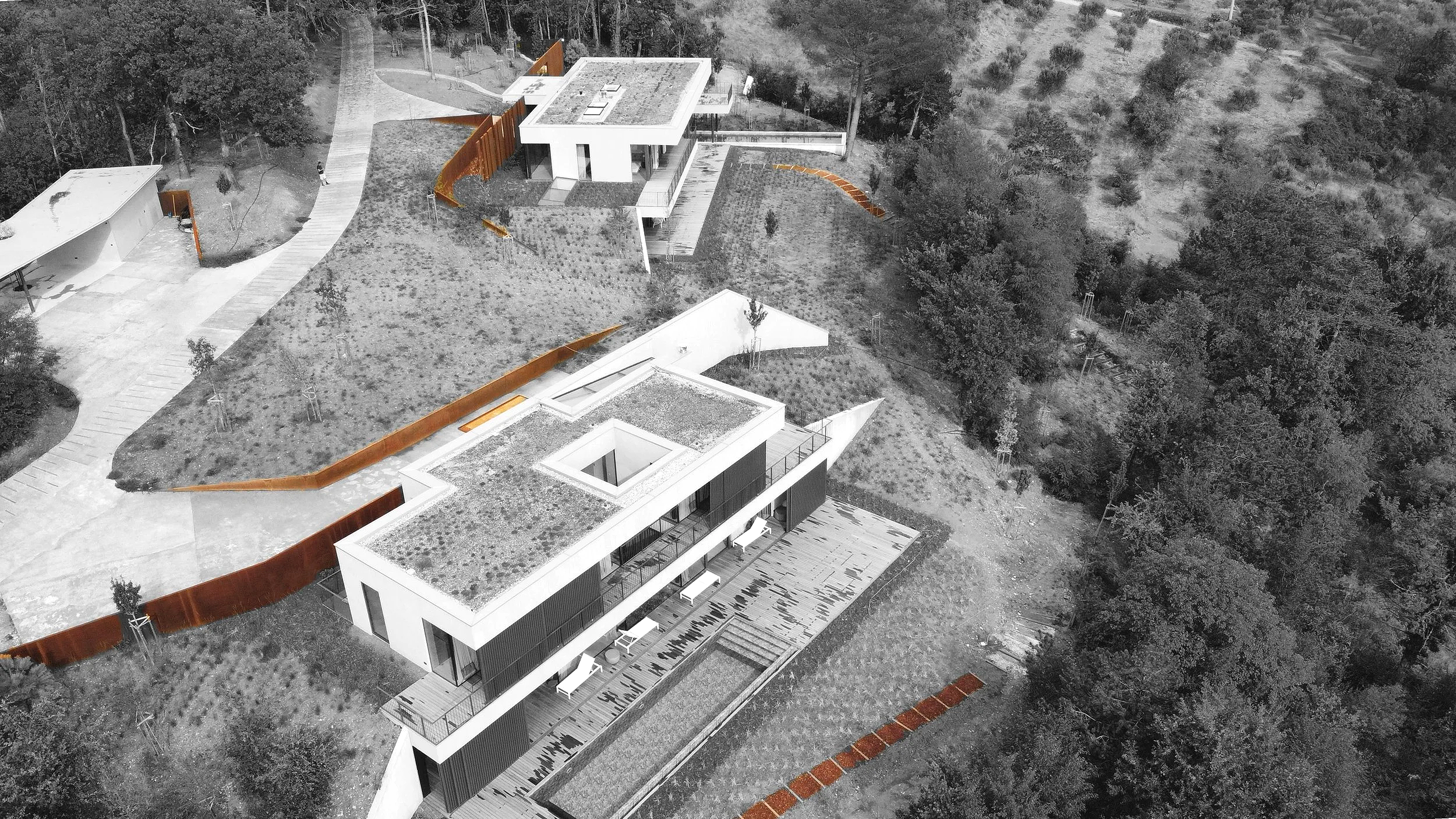 Contemporary villa with corten steel elements — aerial view, Slovenia