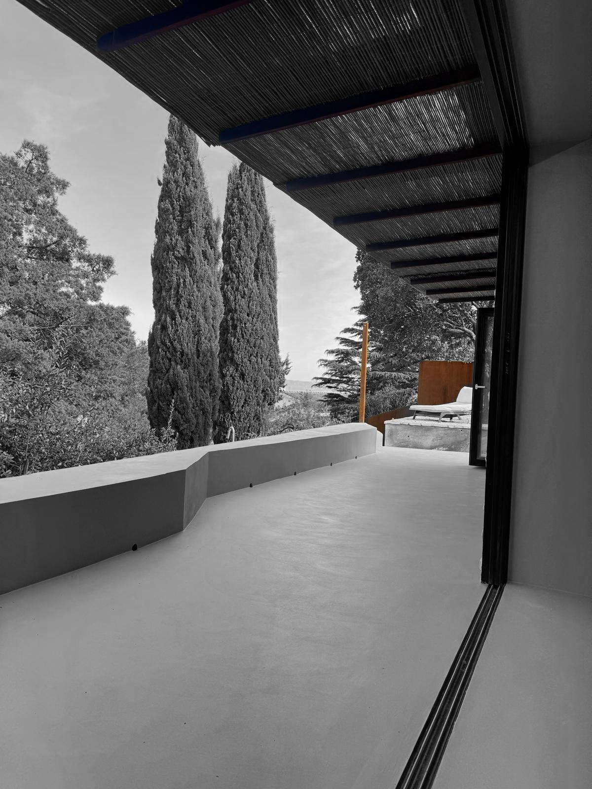 Corten steel pergola cypress terrace Adriatic view Croatia