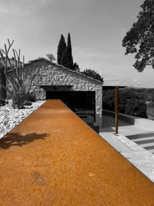 Corten steel railing pool stone house mediterranean Croatia