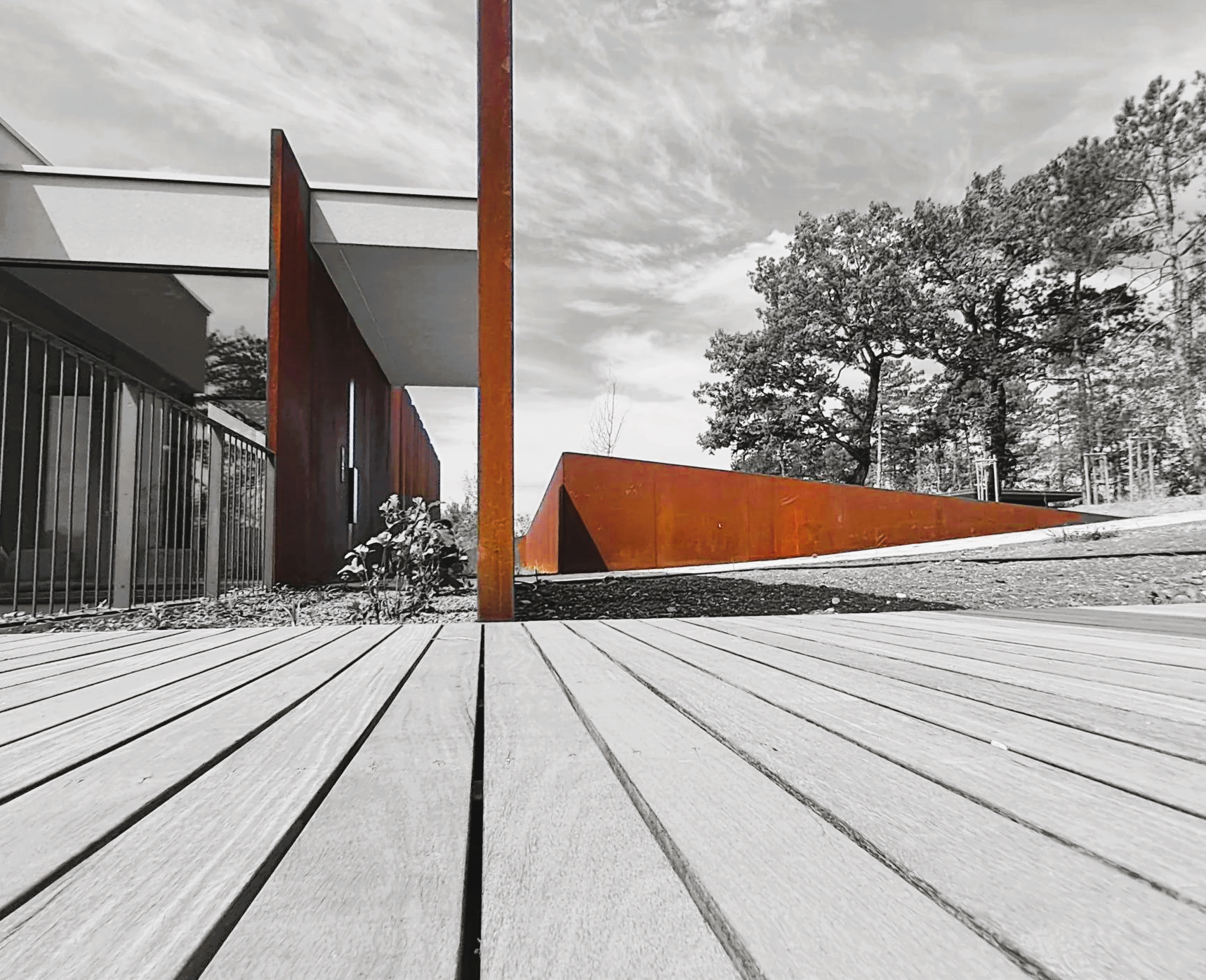 Corten steel terrace deck villa pine forest Slovenia