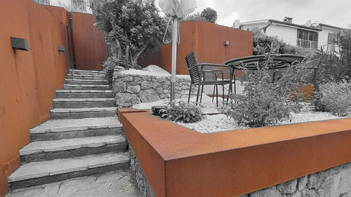 Corten steel terrace stairs seating Adriatic sea view Croatia