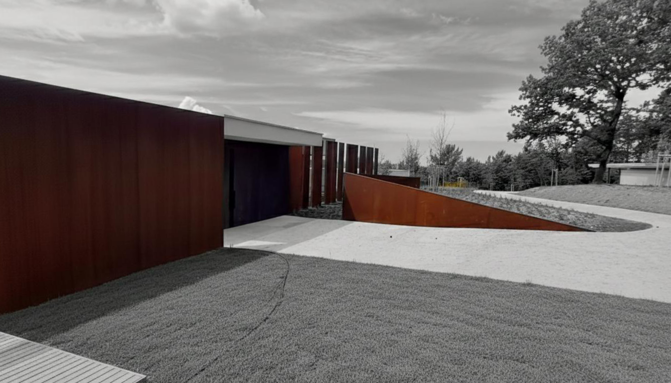 Corten steel villa approach path landscape Slovenia