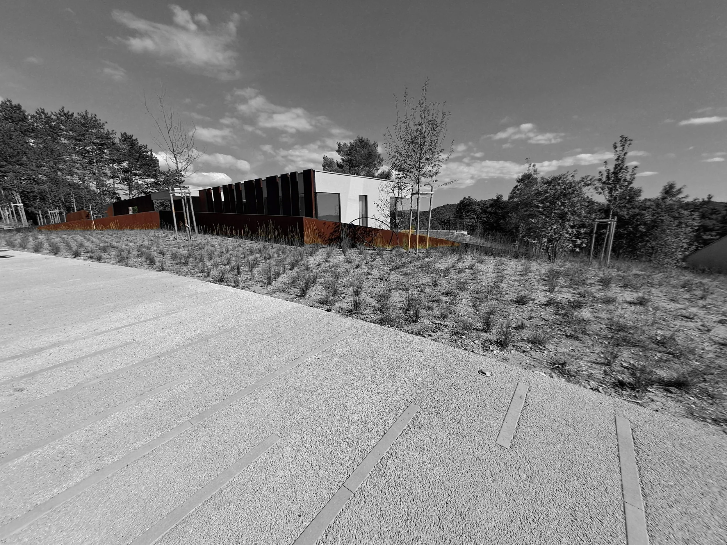 Corten steel villa building approach fins Slovenia