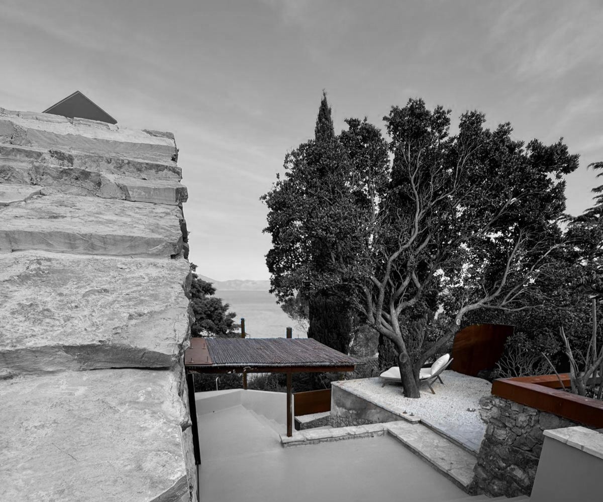 Stone terrace sea view with corten steel bench and pergola — Adriatic coast Croatia